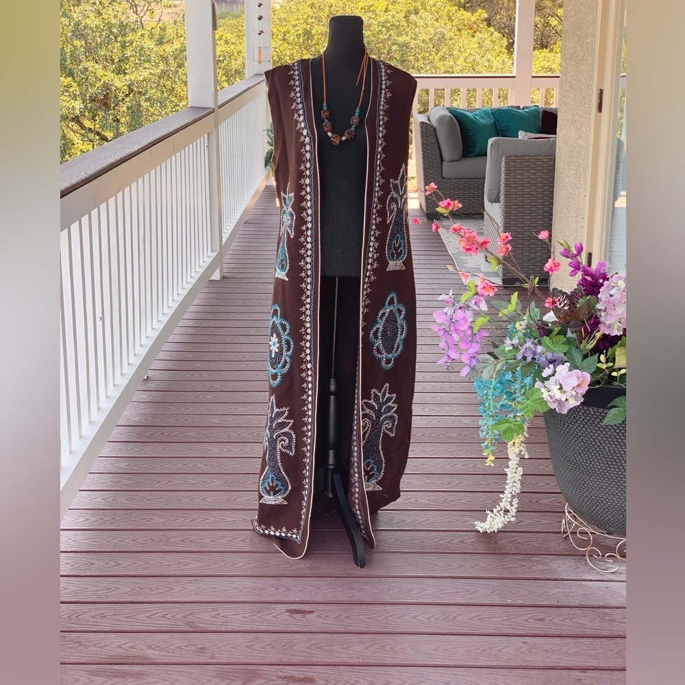 Vintage Rare Brown Embroidered‎ Maxi Cardigan
